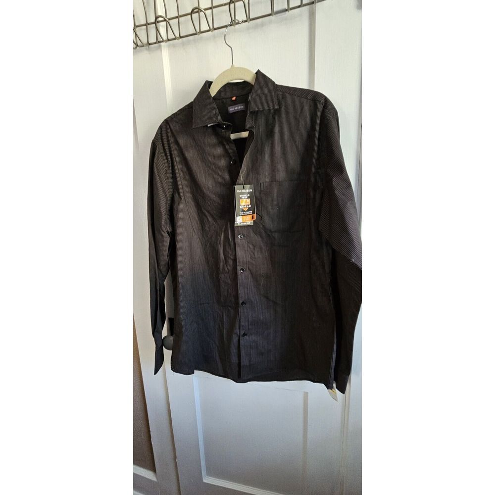 NWT VAN HEUSEN wrinkle free stain shield poplin black M 15-15.5 button down shir